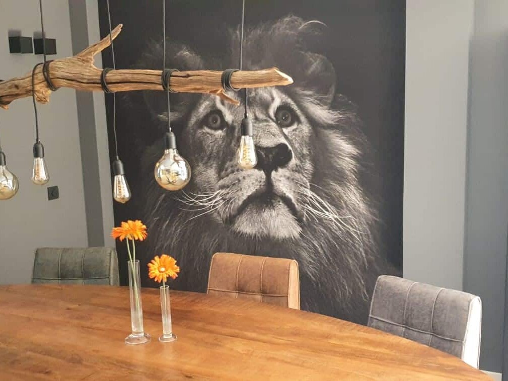 Statement muur dankzij een opvallend fotobehang met een foto van een leeuw in de woonkamer